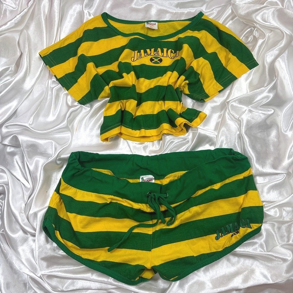 y2k Jamaica Striped Two Piece Set Green Yellow Excellent Crop Top Shorts XL